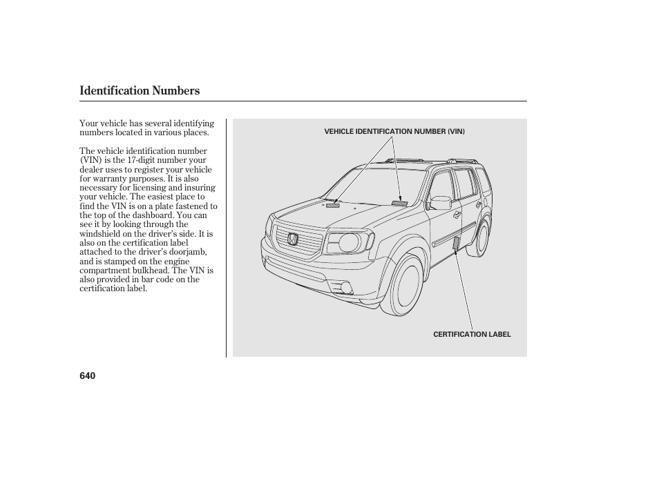 Identification numbers | HONDA 2012 Pilot User Manual | Page 648 / 682
