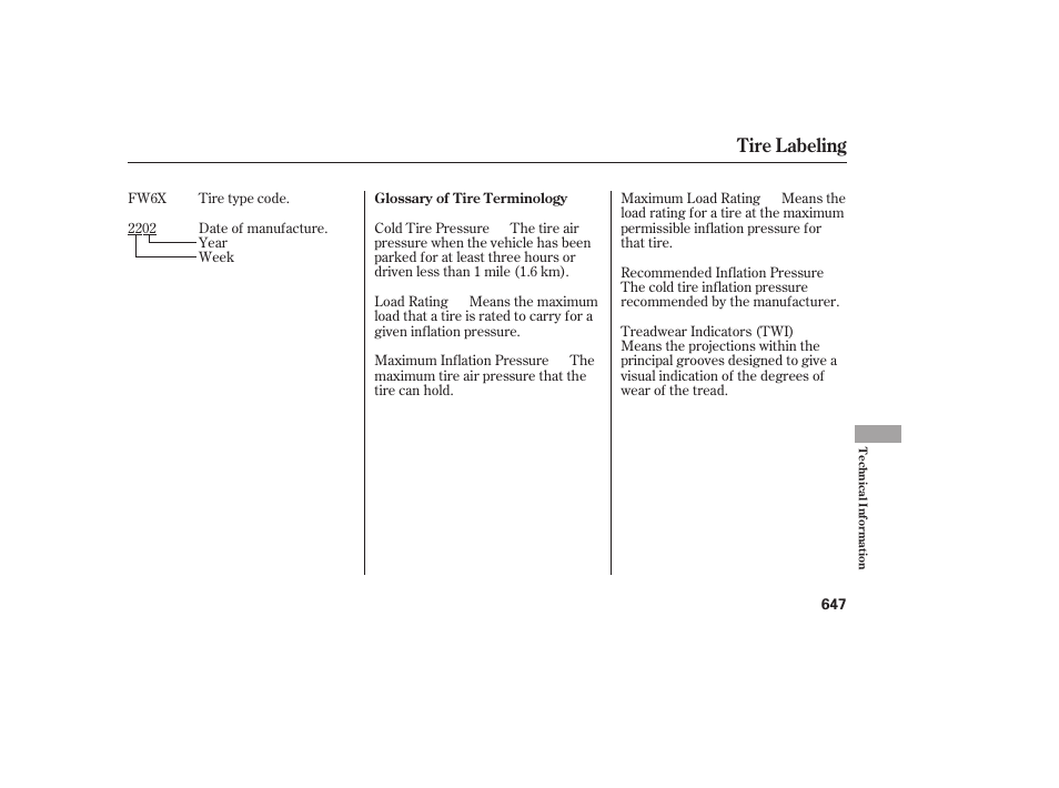 Tire labeling | HONDA 2012 Pilot User Manual | Page 655 / 682