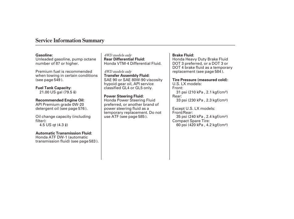 Service information summary | HONDA 2012 Pilot User Manual | Page 682 / 682