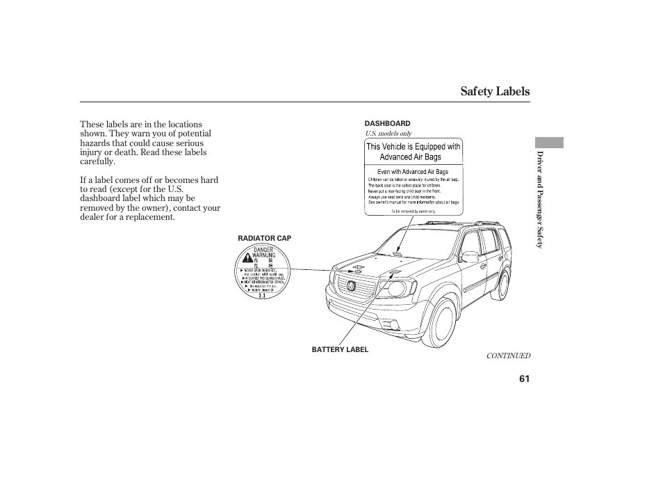 Safety labels | HONDA 2012 Pilot User Manual | Page 69 / 682