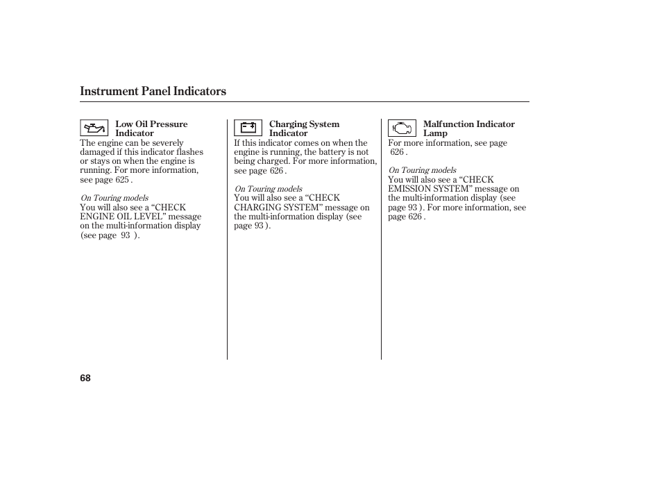 Instrument panel indicators | HONDA 2012 Pilot User Manual | Page 76 / 682