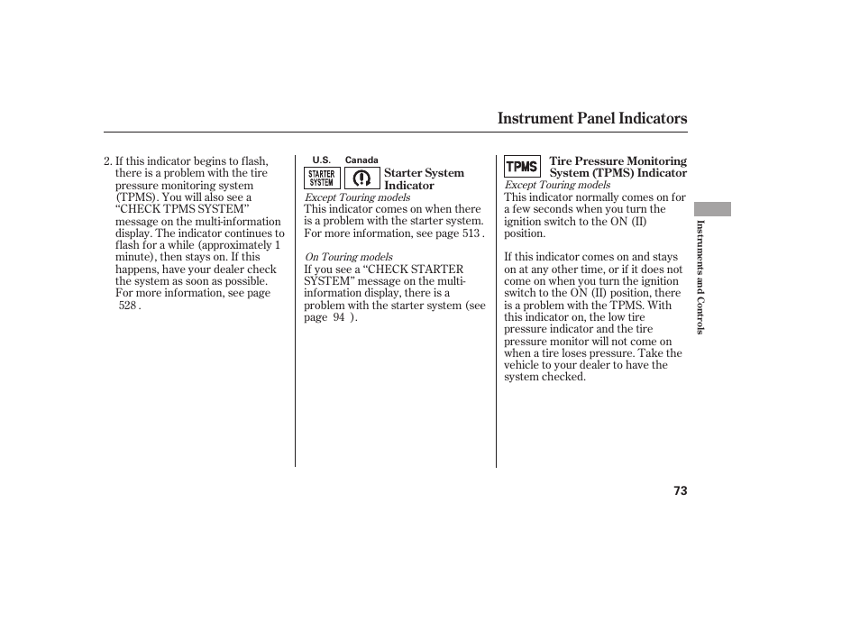 Instrument panel indicators | HONDA 2012 Pilot User Manual | Page 81 / 682