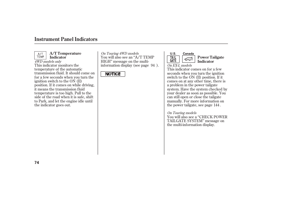 Instrument panel indicators | HONDA 2012 Pilot User Manual | Page 82 / 682