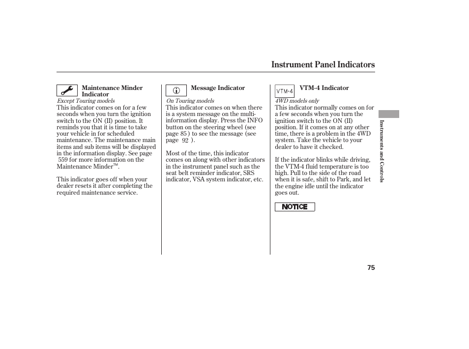 Instrument panel indicators | HONDA 2012 Pilot User Manual | Page 83 / 682