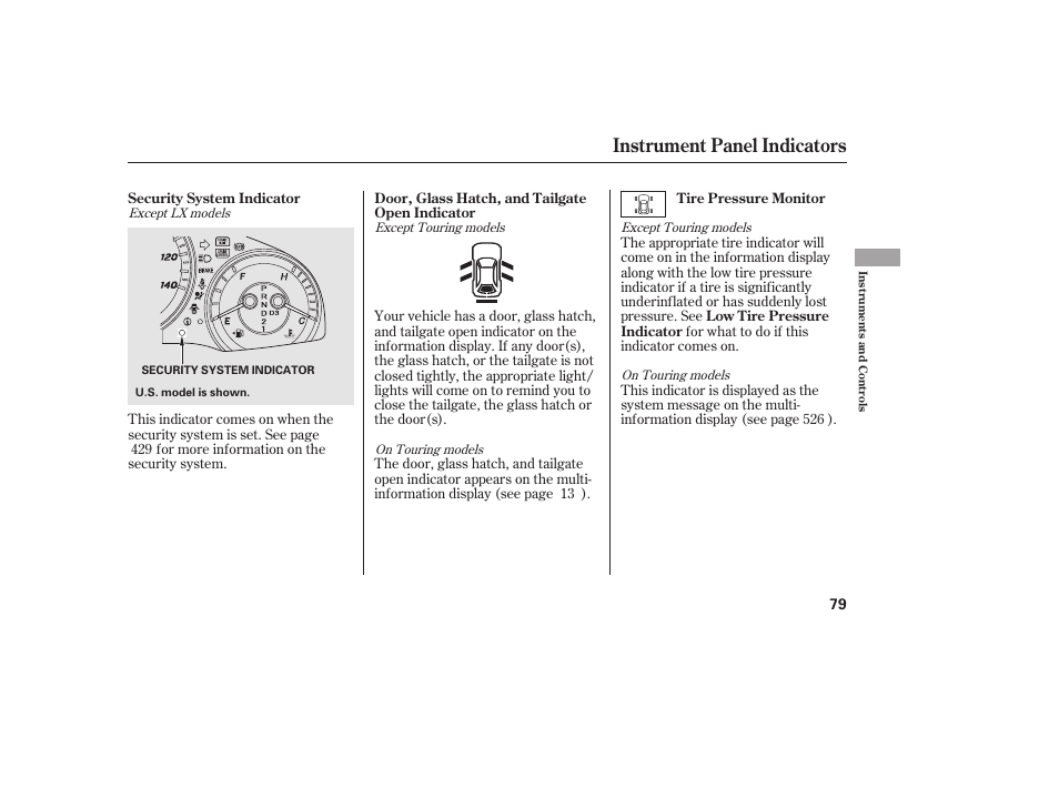 Instrument panel indicators | HONDA 2012 Pilot User Manual | Page 87 / 682