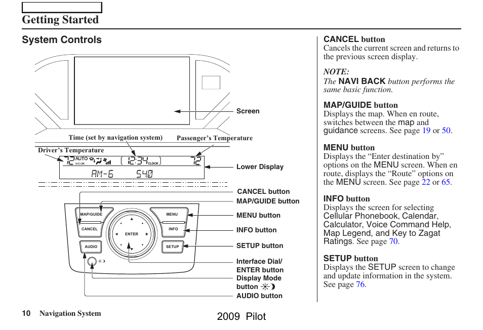 Getting started, 2009 pilot, System controls | HONDA 2009 Pilot Navigation User Manual | Page 10 / 156
