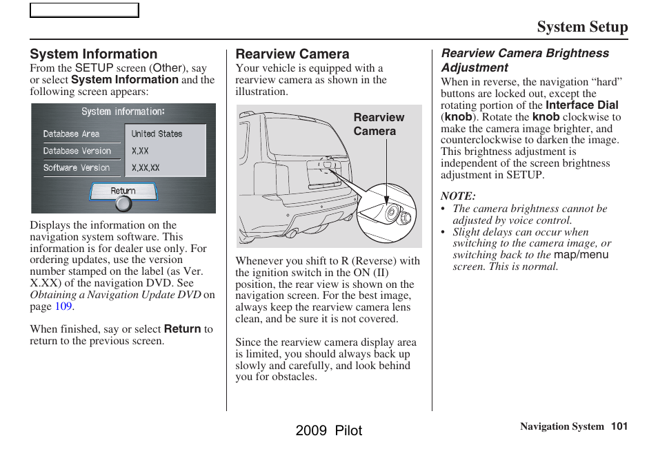 System setup, 2009 pilot | HONDA 2009 Pilot Navigation User Manual | Page 101 / 156
