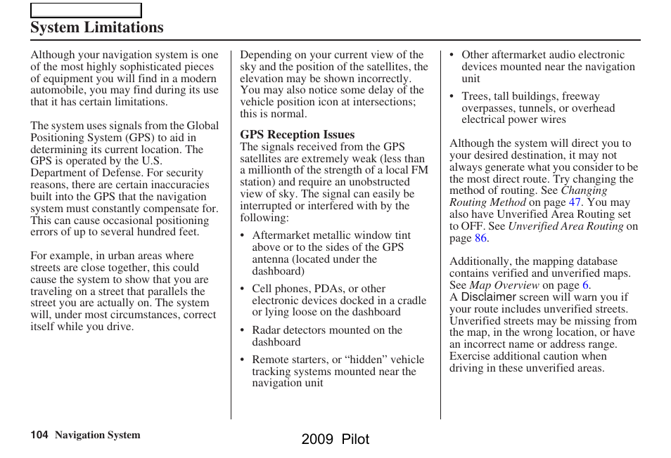 System limitations, 2009 pilot | HONDA 2009 Pilot Navigation User Manual | Page 104 / 156