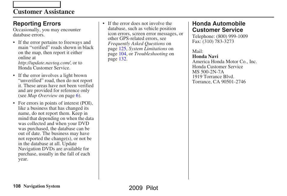 Customer assistance, 2009 pilot | HONDA 2009 Pilot Navigation User Manual | Page 108 / 156