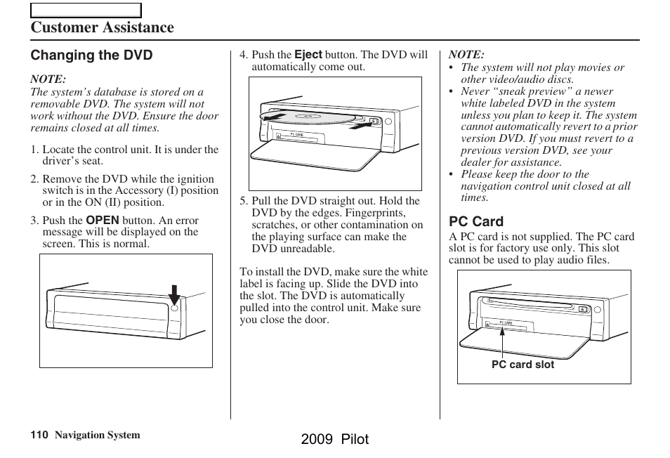 Customer assistance, 2009 pilot | HONDA 2009 Pilot Navigation User Manual | Page 110 / 156