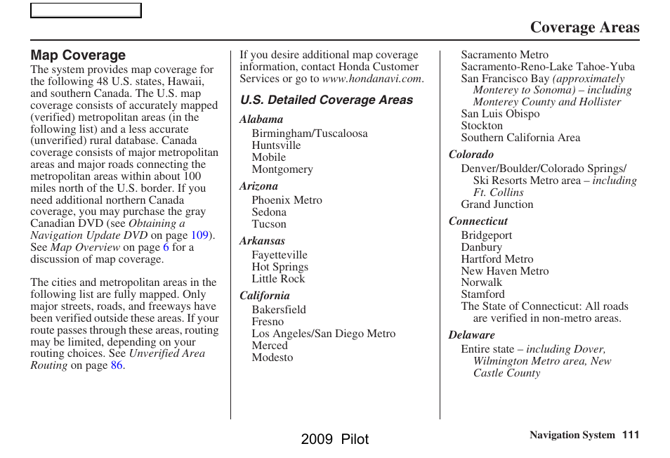 Coverage areas, 2009 pilot | HONDA 2009 Pilot Navigation User Manual | Page 111 / 156