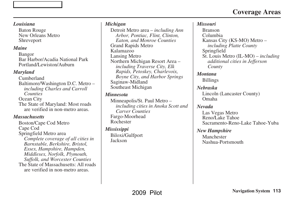 Coverage areas, 2009 pilot | HONDA 2009 Pilot Navigation User Manual | Page 113 / 156