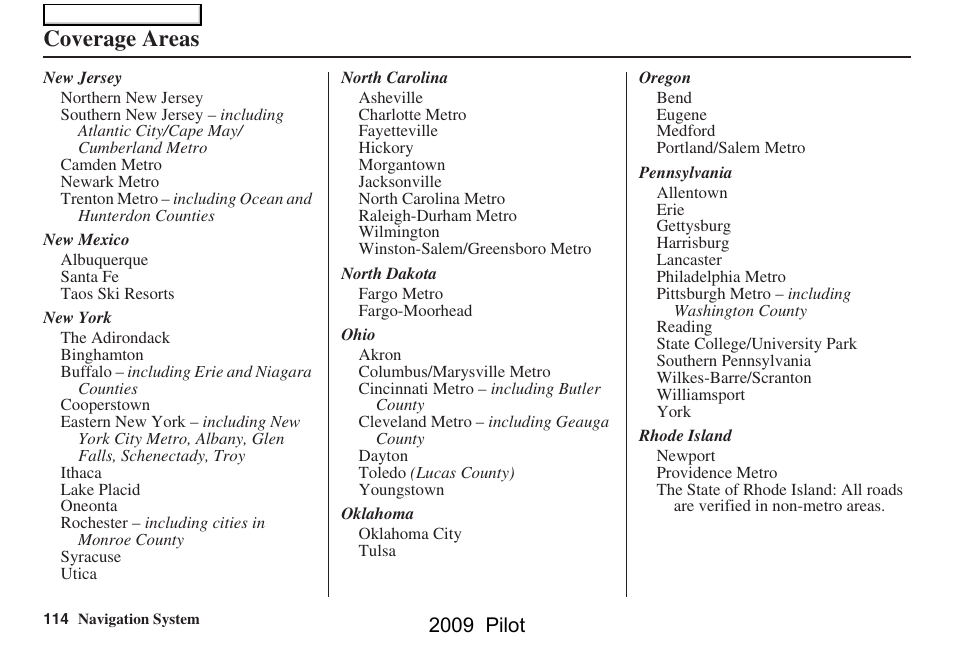 Coverage areas, 2009 pilot | HONDA 2009 Pilot Navigation User Manual | Page 114 / 156