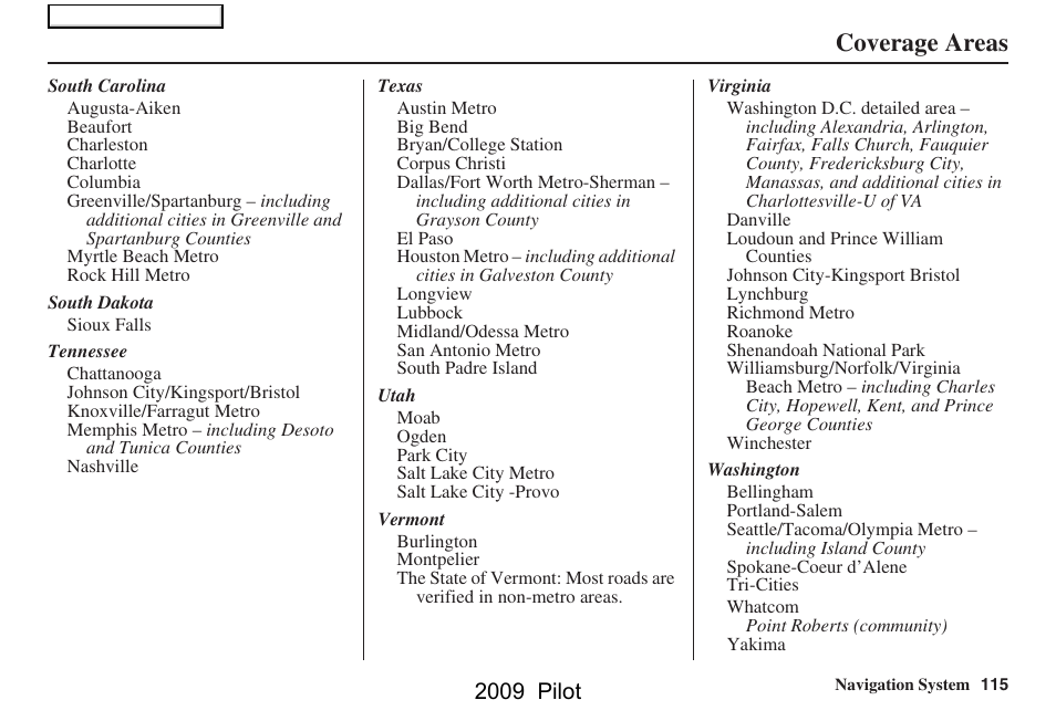 Coverage areas, 2009 pilot | HONDA 2009 Pilot Navigation User Manual | Page 115 / 156