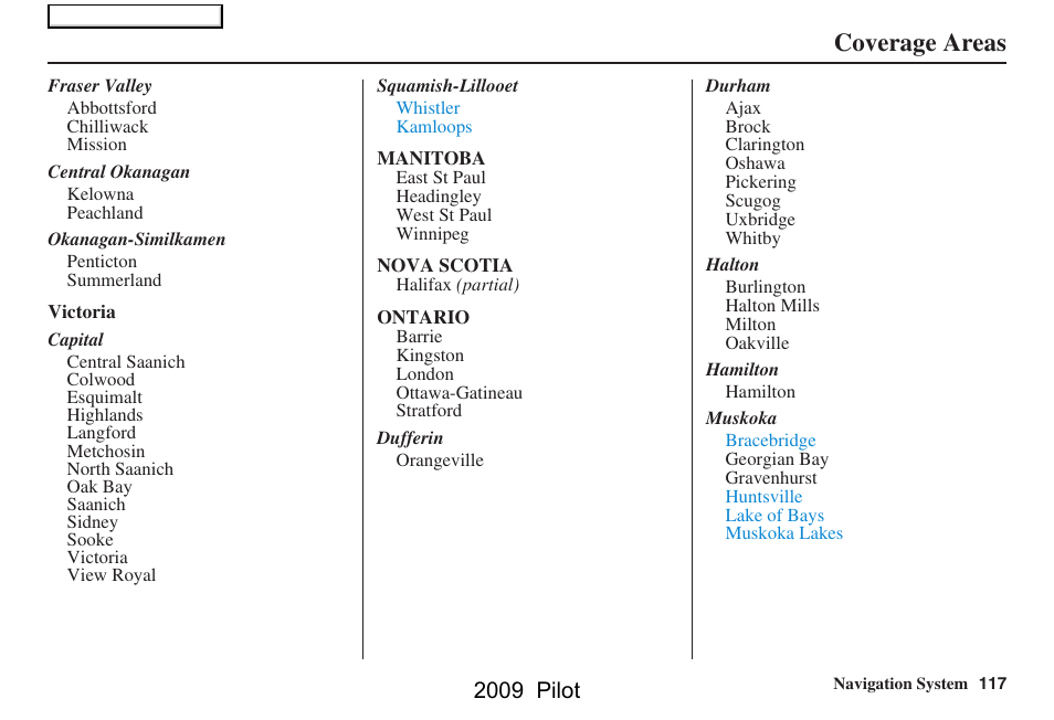 Coverage areas, 2009 pilot | HONDA 2009 Pilot Navigation User Manual | Page 117 / 156