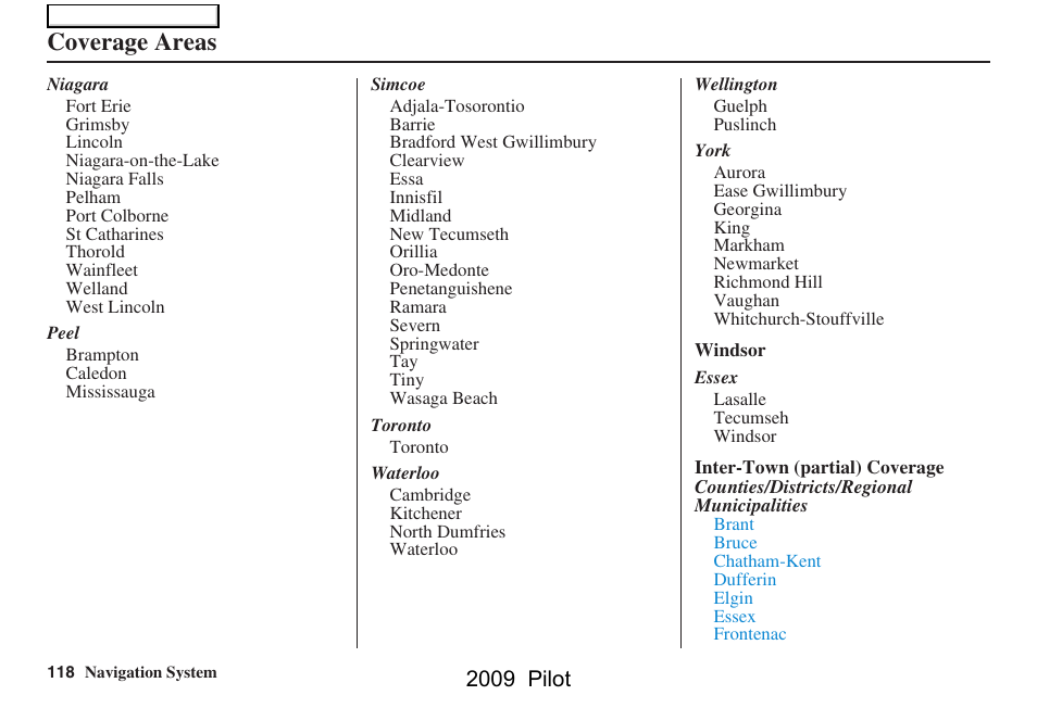 Coverage areas, 2009 pilot | HONDA 2009 Pilot Navigation User Manual | Page 118 / 156