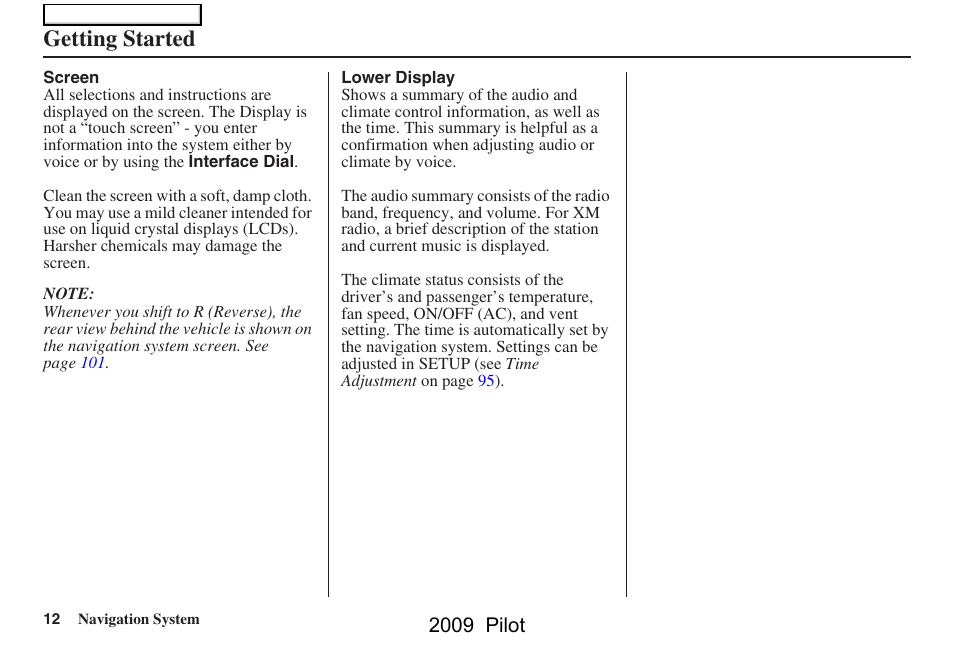Getting started, 2009 pilot | HONDA 2009 Pilot Navigation User Manual | Page 12 / 156