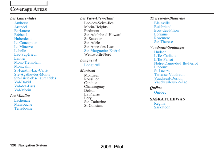 Coverage areas, 2009 pilot | HONDA 2009 Pilot Navigation User Manual | Page 120 / 156