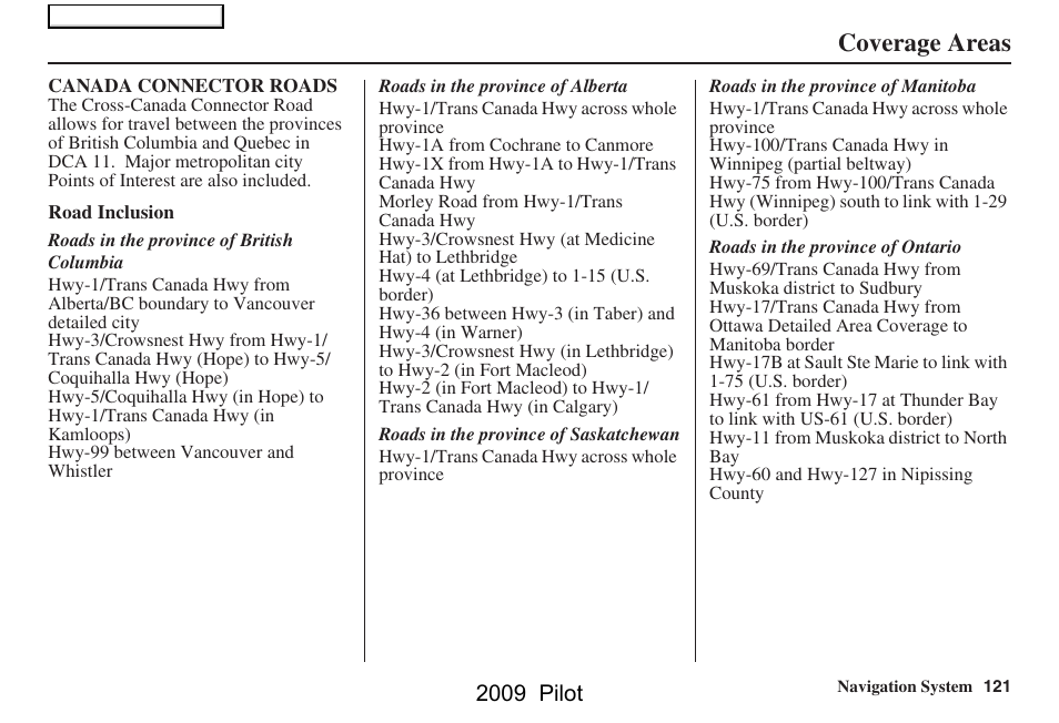 Coverage areas, 2009 pilot | HONDA 2009 Pilot Navigation User Manual | Page 121 / 156