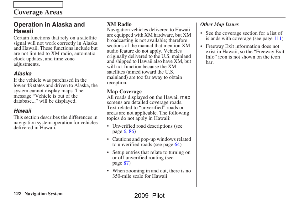 Coverage areas, 2009 pilot | HONDA 2009 Pilot Navigation User Manual | Page 122 / 156