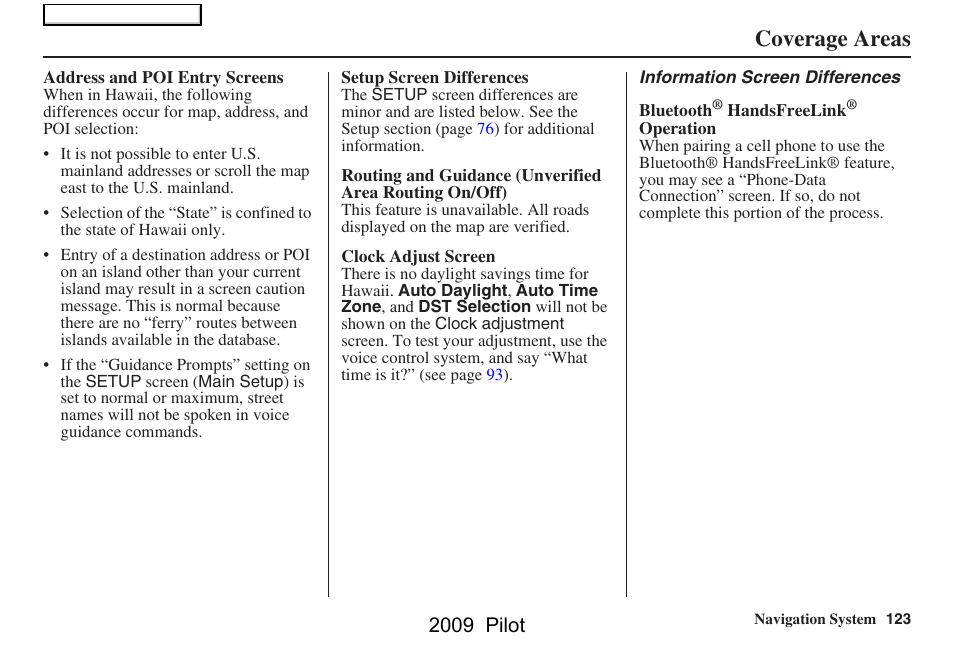 Coverage areas, 2009 pilot | HONDA 2009 Pilot Navigation User Manual | Page 123 / 156