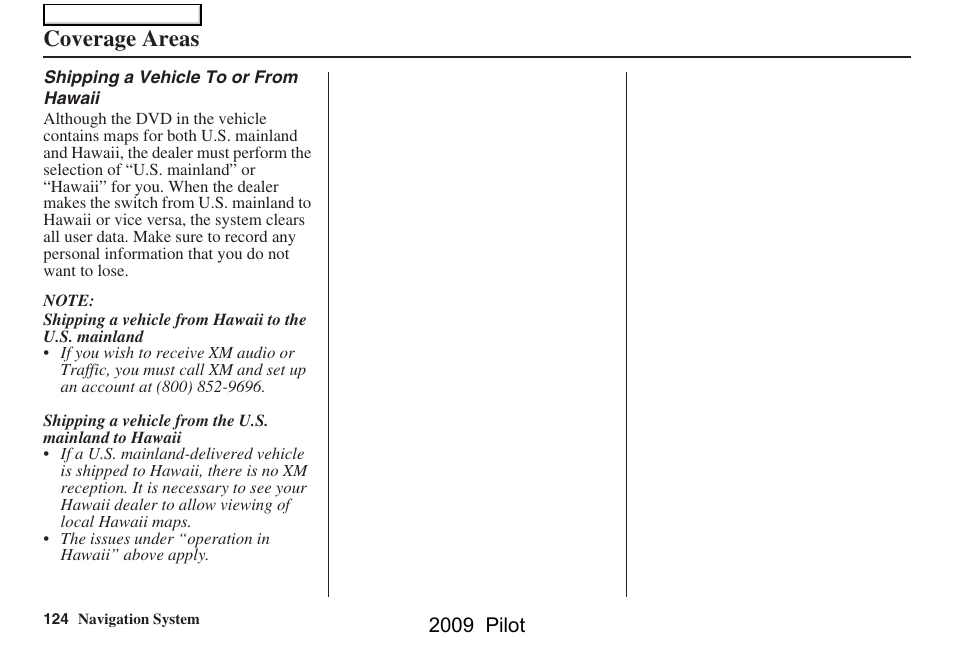 Coverage areas | HONDA 2009 Pilot Navigation User Manual | Page 124 / 156