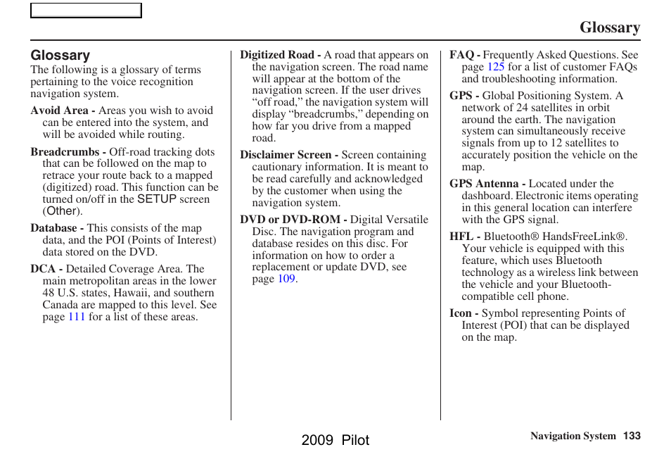 Glossary, 2009 pilot | HONDA 2009 Pilot Navigation User Manual | Page 133 / 156