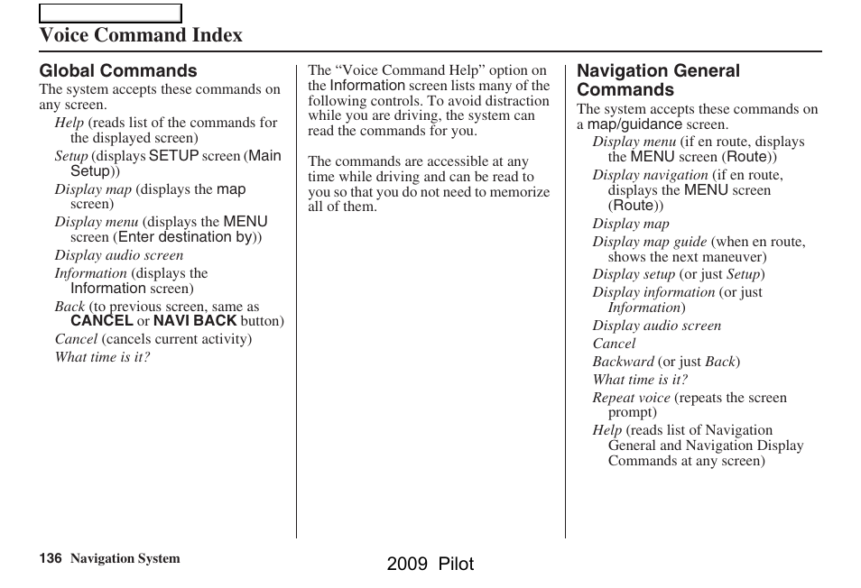 Voice command index, 2009 pilot | HONDA 2009 Pilot Navigation User Manual | Page 136 / 156