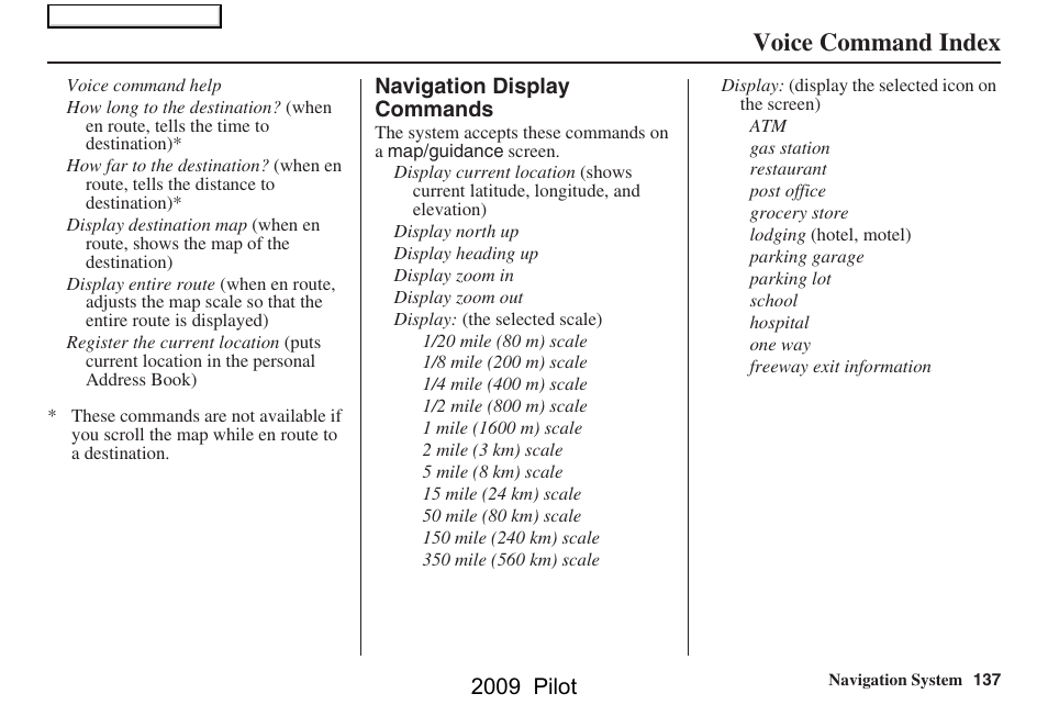 Voice command index, 2009 pilot | HONDA 2009 Pilot Navigation User Manual | Page 137 / 156