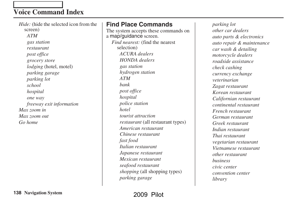 Voice command index | HONDA 2009 Pilot Navigation User Manual | Page 138 / 156
