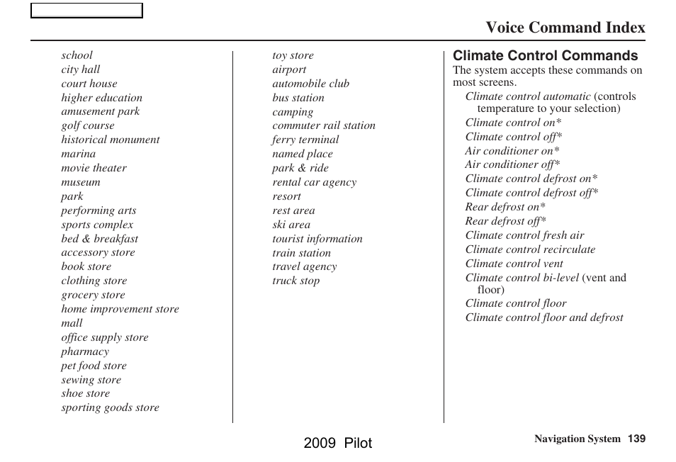 Voice command index | HONDA 2009 Pilot Navigation User Manual | Page 139 / 156