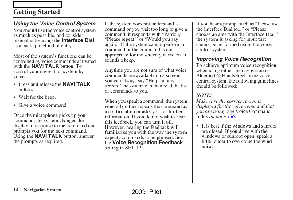 Getting started, 2009 pilot | HONDA 2009 Pilot Navigation User Manual | Page 14 / 156