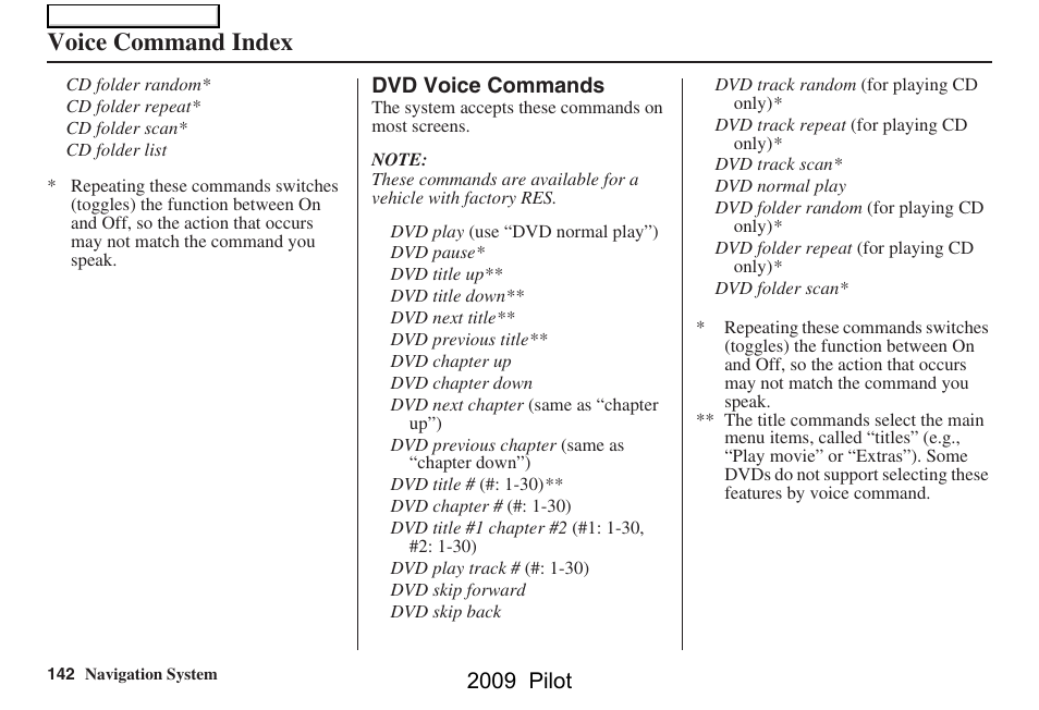 Voice command index, 2009 pilot | HONDA 2009 Pilot Navigation User Manual | Page 142 / 156
