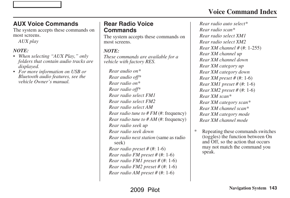 Voice command index, 2009 pilot | HONDA 2009 Pilot Navigation User Manual | Page 143 / 156