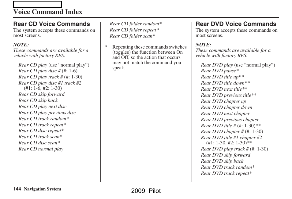 Voice command index | HONDA 2009 Pilot Navigation User Manual | Page 144 / 156