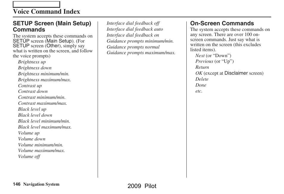 Voice command index | HONDA 2009 Pilot Navigation User Manual | Page 146 / 156