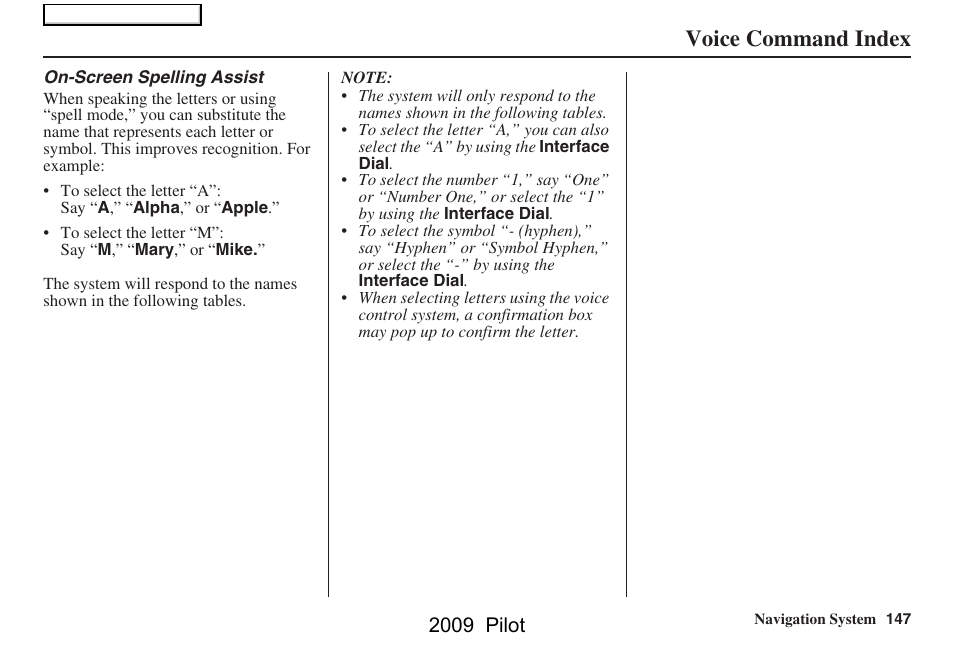 Voice command index, 2009 pilot | HONDA 2009 Pilot Navigation User Manual | Page 147 / 156