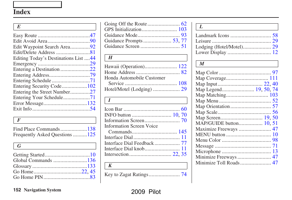 Index | HONDA 2009 Pilot Navigation User Manual | Page 152 / 156