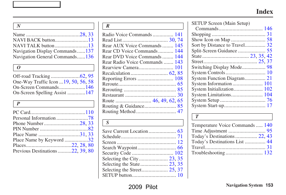 Index | HONDA 2009 Pilot Navigation User Manual | Page 153 / 156