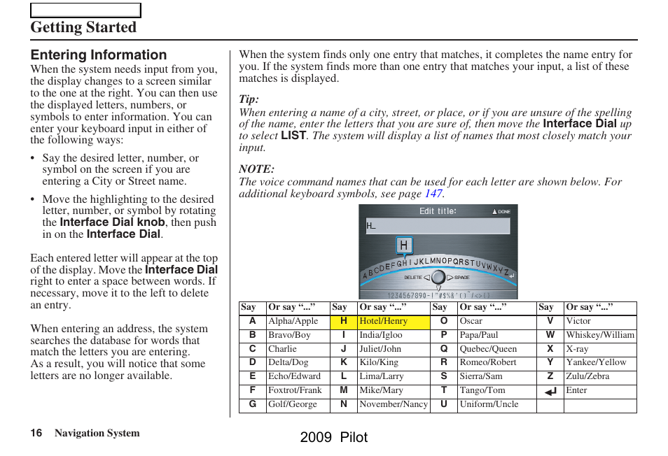 Getting started, 2009 pilot, Entering information | HONDA 2009 Pilot Navigation User Manual | Page 16 / 156