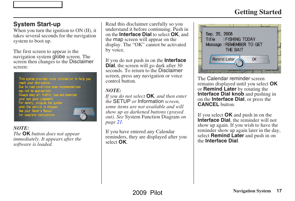 Getting started, 2009 pilot | HONDA 2009 Pilot Navigation User Manual | Page 17 / 156