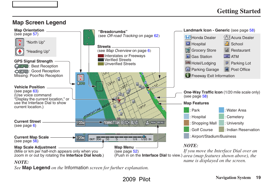 Getting started, 2009 pilot, Map screen legend | HONDA 2009 Pilot Navigation User Manual | Page 19 / 156