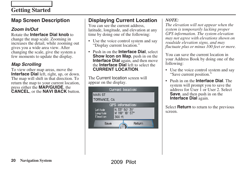 Getting started, 2009 pilot | HONDA 2009 Pilot Navigation User Manual | Page 20 / 156