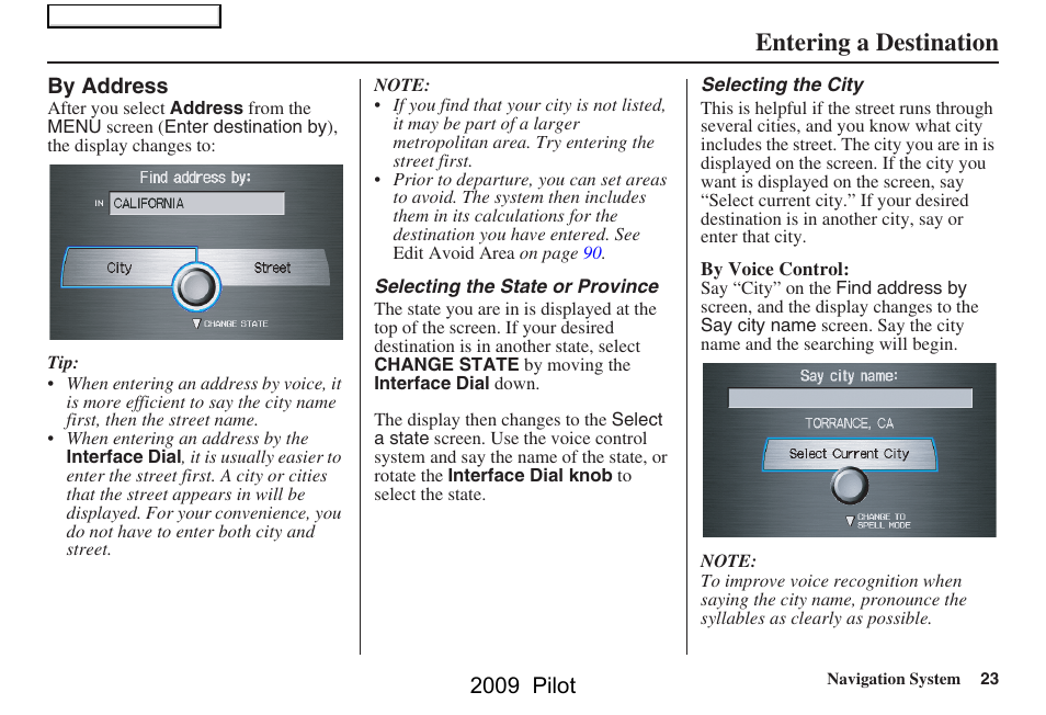 Entering a destination, 2009 pilot | HONDA 2009 Pilot Navigation User Manual | Page 23 / 156