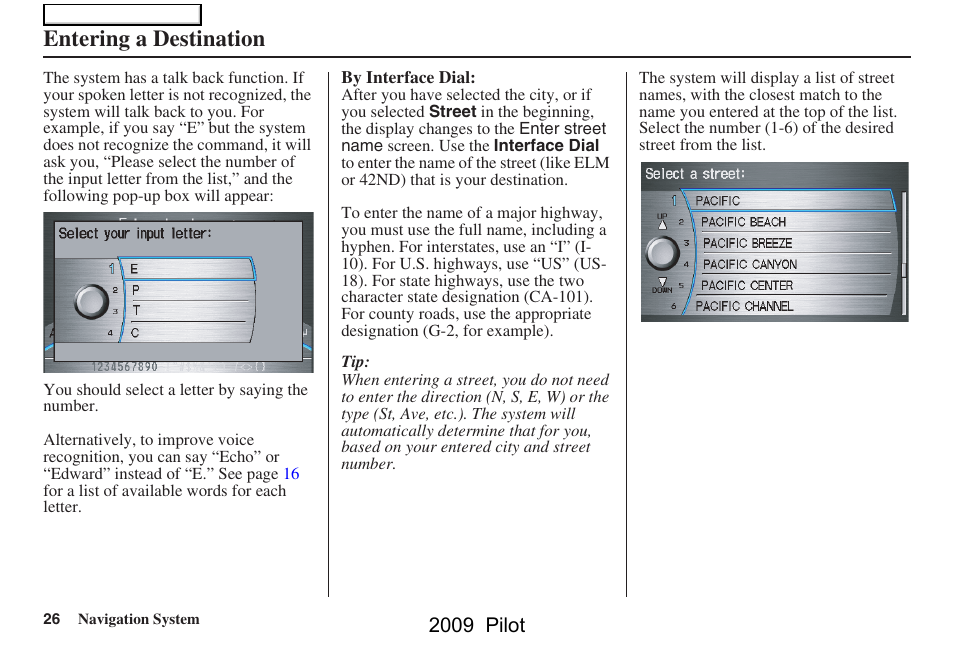 Entering a destination, 2009 pilot | HONDA 2009 Pilot Navigation User Manual | Page 26 / 156