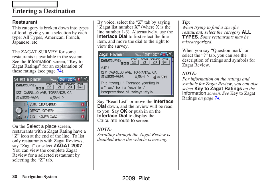 Entering a destination, 2009 pilot | HONDA 2009 Pilot Navigation User Manual | Page 30 / 156
