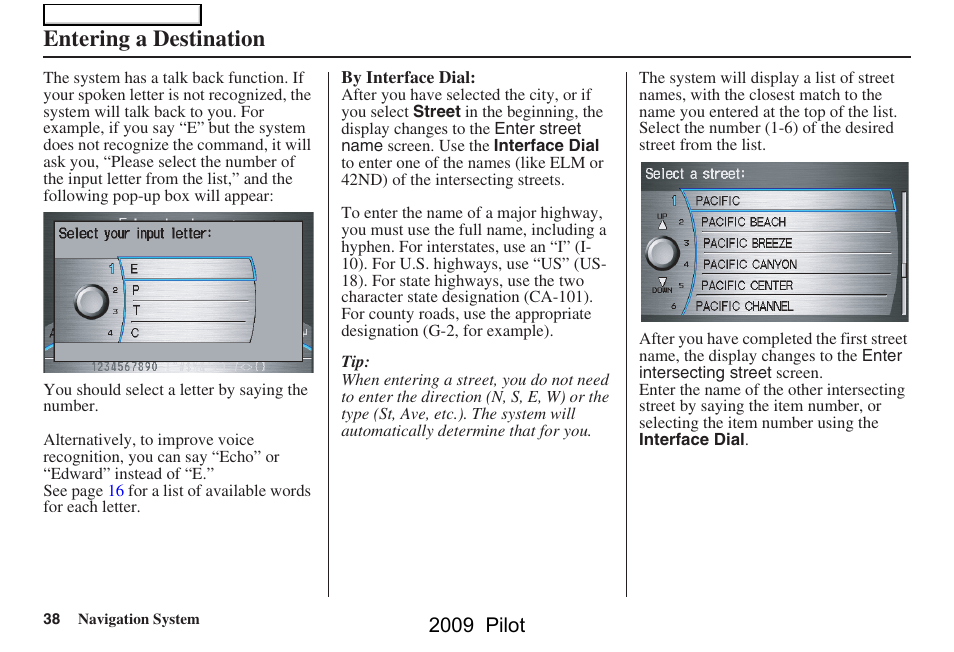 Entering a destination, 2009 pilot | HONDA 2009 Pilot Navigation User Manual | Page 38 / 156