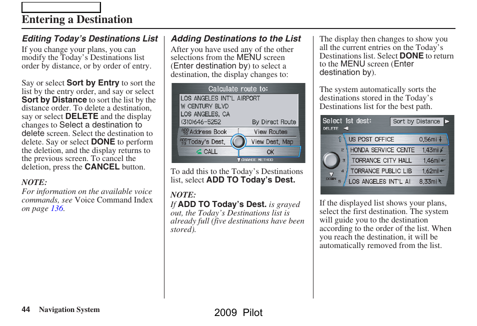 Entering a destination, 2009 pilot | HONDA 2009 Pilot Navigation User Manual | Page 44 / 156