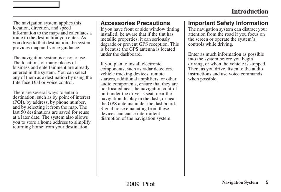 Introduction | HONDA 2009 Pilot Navigation User Manual | Page 5 / 156