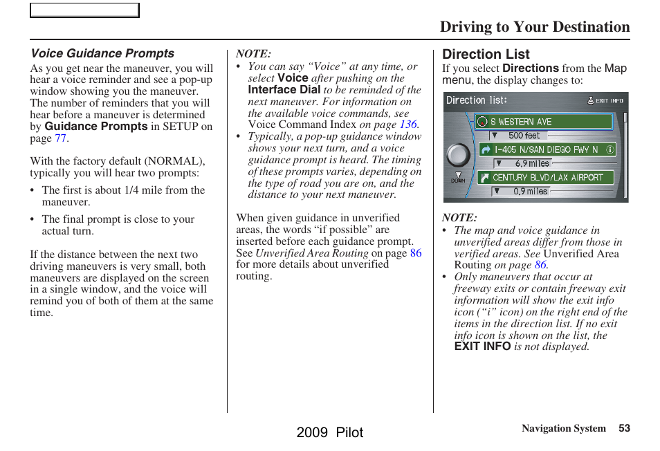 Driving to your destination, 2009 pilot | HONDA 2009 Pilot Navigation User Manual | Page 53 / 156